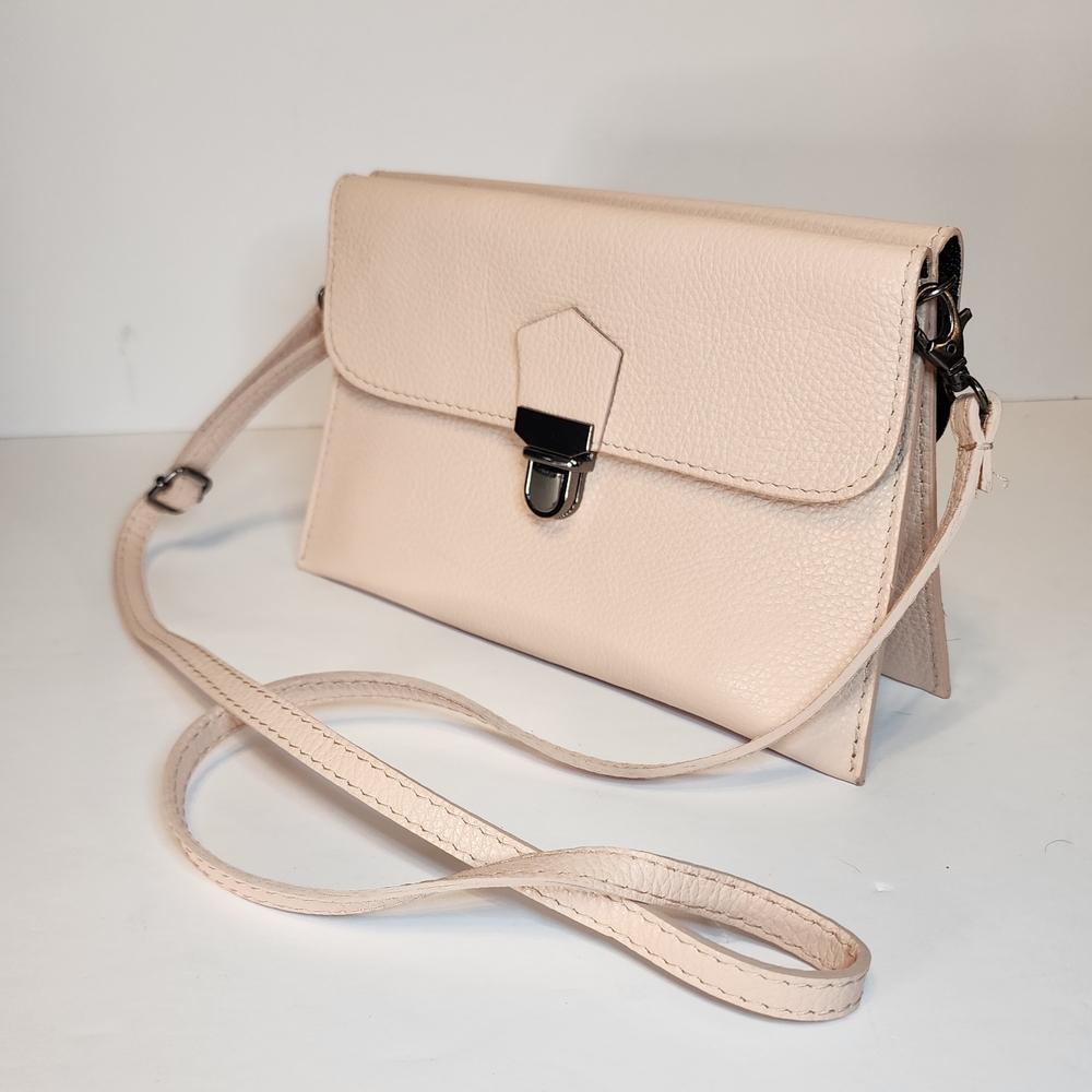 Vera Pelle Genuine Italian Pebbled Leather Double Sided Crossbody In Powder Pink